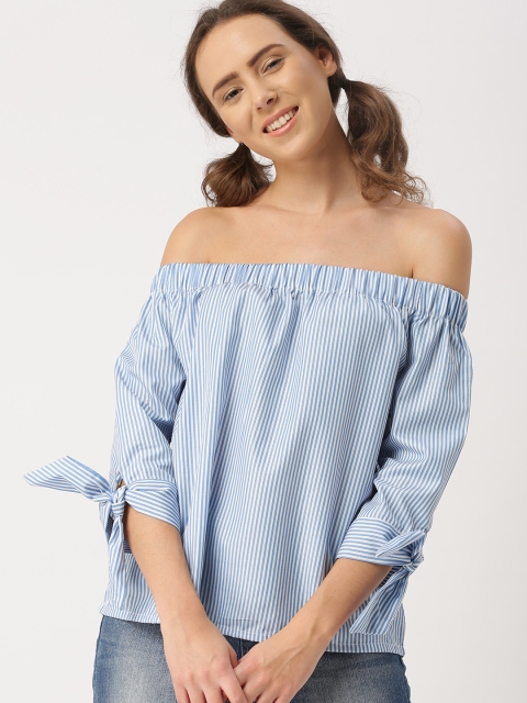 

DressBerry Women Blue & White Striped Bardot Top