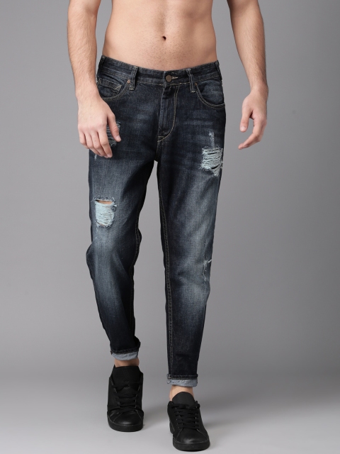 

HERE&NOW Men Blue Slim Fit Mid-Rise Distressed Cropped Jeans
