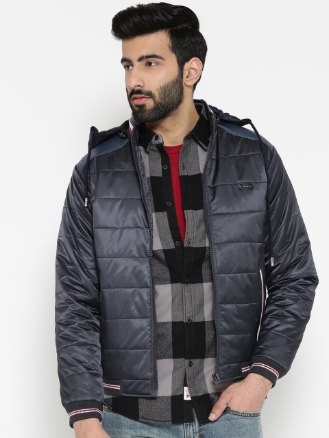 

Fort Collins Men Navy Blue Solid Bomber Jacket with Detachable Hood