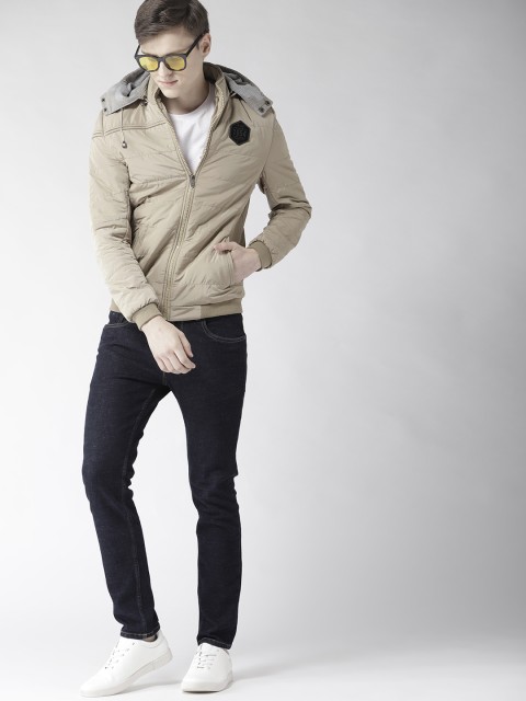 

Fort Collins Men Beige Solid Bomber Jacket with Detachable Hood