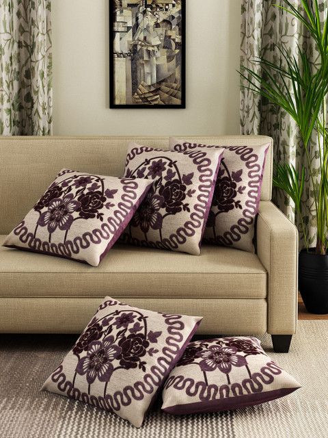 

ROMEE Beige & Purple 16" x 16" Set of 5 Square Cushion Covers