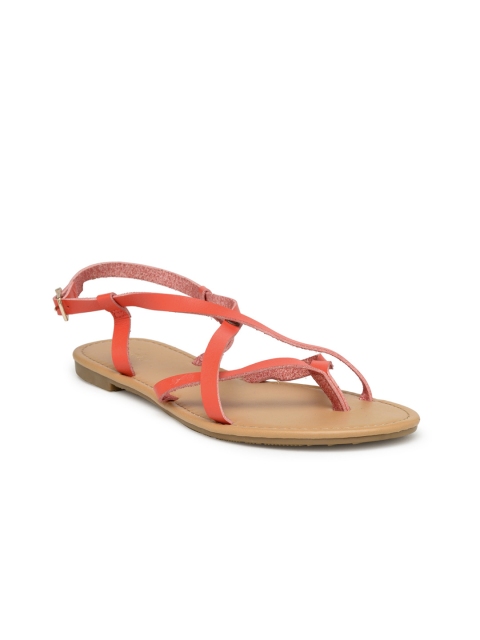 

FOREVER 21 Women Coral Red Solid Synthetic Open Toe Flats