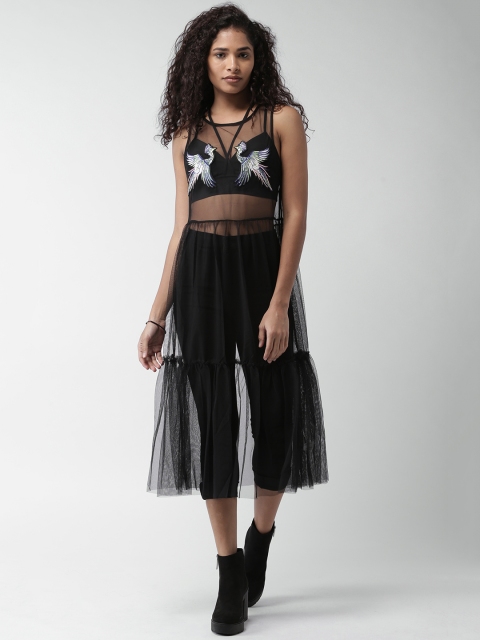 

FOREVER 21 Women Black Solid Fit and Flare Sheer Dress