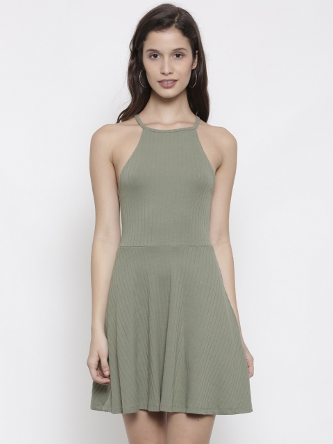 

FOREVER 21 Women Olive Green Solid Fit and Flare Dress