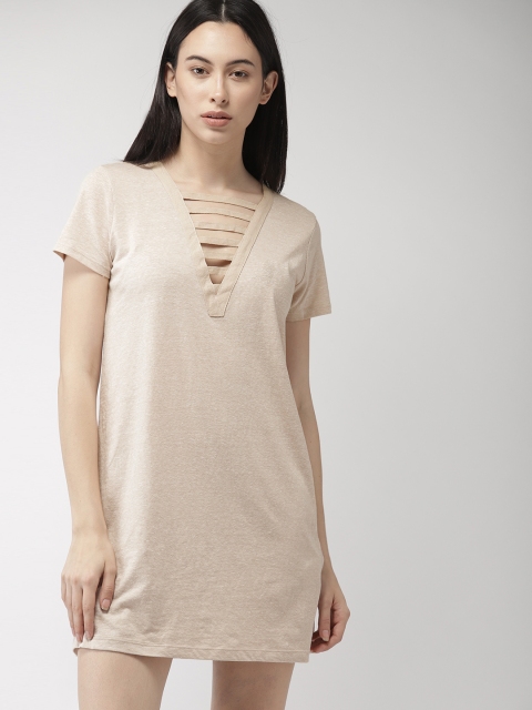 

FOREVER 21 Women Beige Solid Mini T-shirt Dress