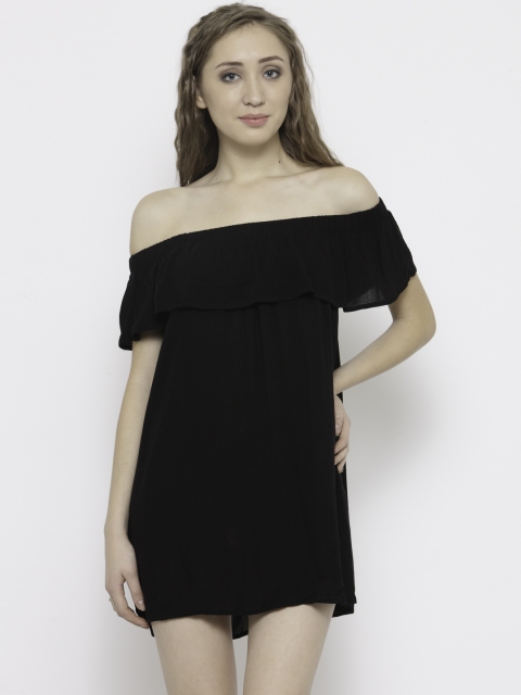 

FOREVER 21 Women Black Solid Off-Shoulder A-Line Dress