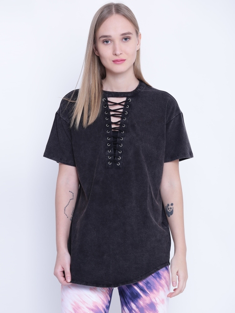 

FOREVER 21 Women Charcoal Grey Solid Round Neck T-shirt