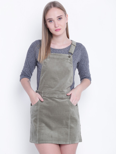 

FOREVER 21 Women Olive Green Solid Pinafore Dress