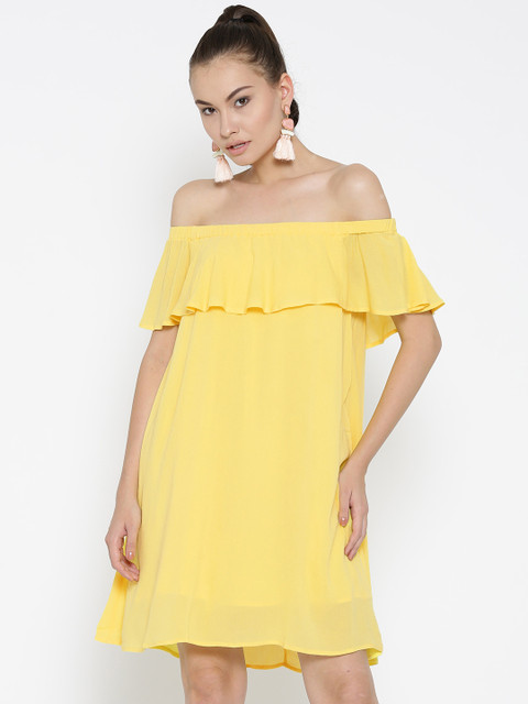 

FOREVER 21 Women Yellow Solid Off-Shoulder A-Line Dress