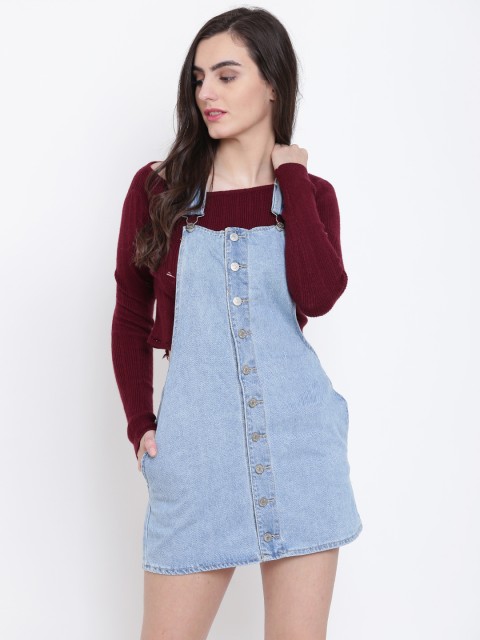 

FOREVER 21 Women Blue Solid Denim Pinafore Dress