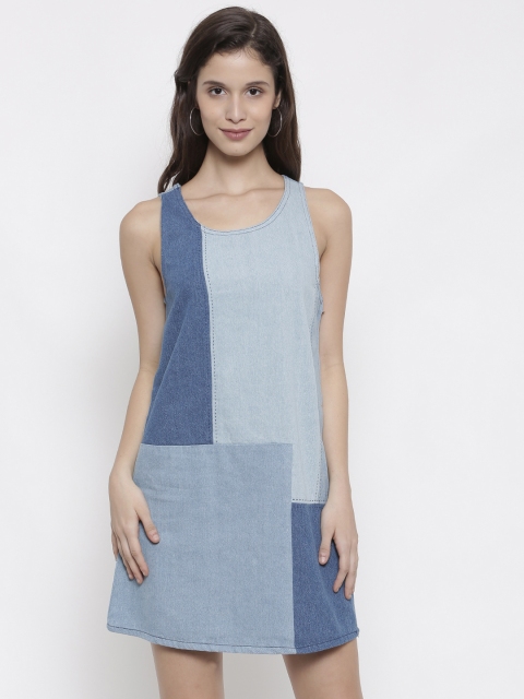 

FOREVER 21 Women Blue Colourblocked Denim A-Line Dress