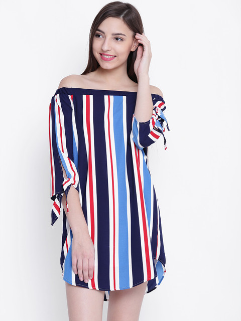 

FOREVER 21 Women Blue & White Striped Off-Shoulder A-Line Dress