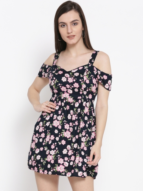 

FOREVER 21 Women Navy & Pink Floral Print Fit & Flare Dress, Navy blue