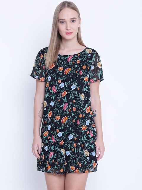 

FOREVER 21 Women Black & Green Floral Print Drop-Waist Dress