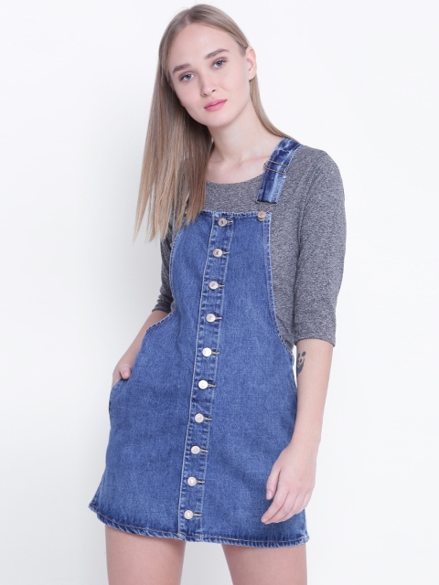 

FOREVER 21 Women Blue Solid Denim Pinafore Dress