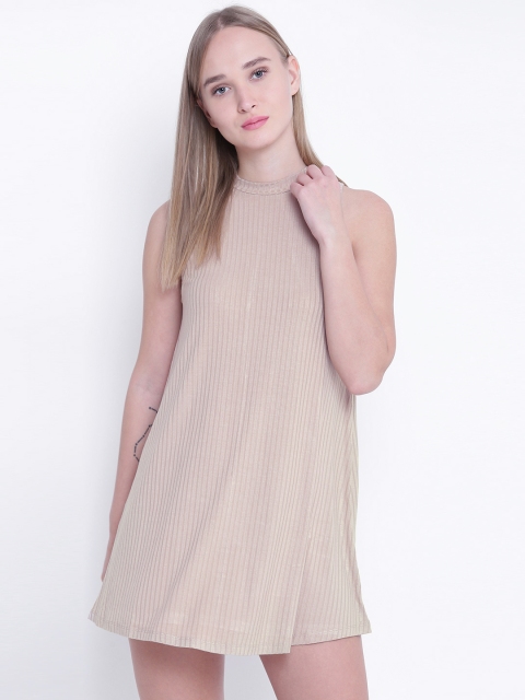 

FOREVER 21 Women Beige Solid A-Line Dress