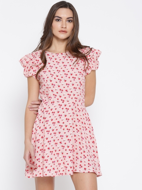 

FOREVER 21 Women Peach-Coloured & Red Floral Print Fit & Flare Dress