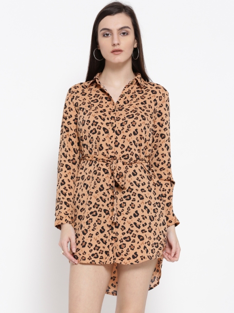 

FOREVER 21 Women Peach-Coloured & Black Animal Print Shirt Dress