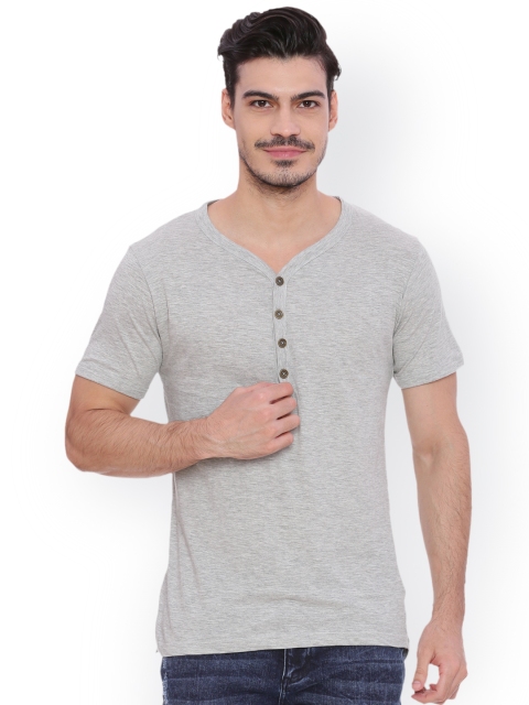 

Blue Saint Men Grey Melange Solid Henley Neck T-shirt