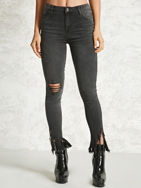 

FOREVER 21 Women Grey Regular Fit Mid-Rise Mildly Distressed Stretchable Jeans