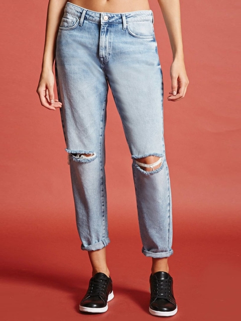 

FOREVER 21 Women Blue Regular Fit Mid-Rise Slash Knee Jeans