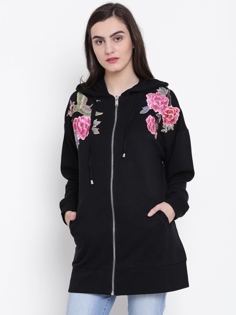 

FOREVER 21 Women Black Solid Floral Applique Hooded Sweatshirt