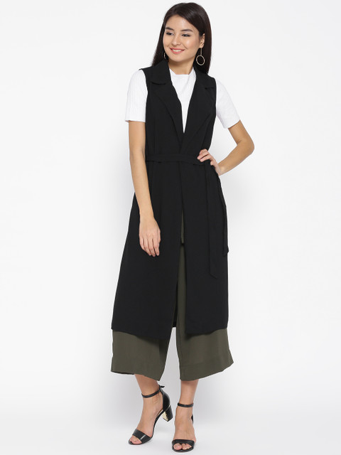 

FOREVER 21 Women Black Solid Sleeveless Longline Belted Open Front Jacket
