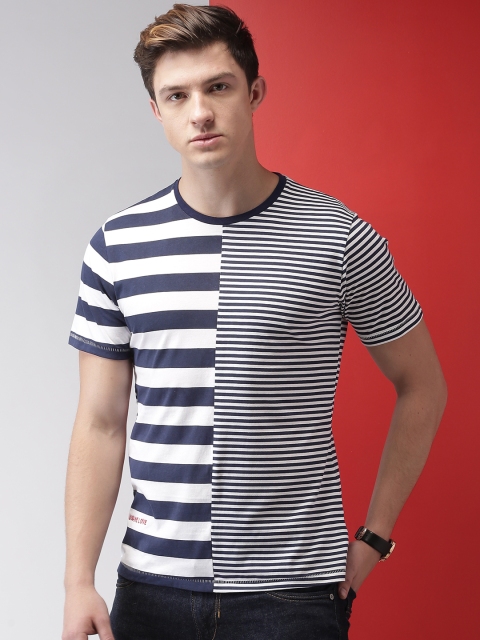 

Mast & Harbour Men White & Navy Striped Round Neck T-shirt