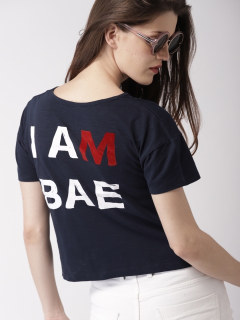 

Mast & Harbour Women Navy Printed Round Neck T-shirt, Navy blue