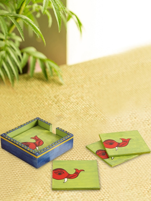 

ExclusiveLane Green Set of 6 Madhubani Hand-Painted Wooden Coasters With Holder