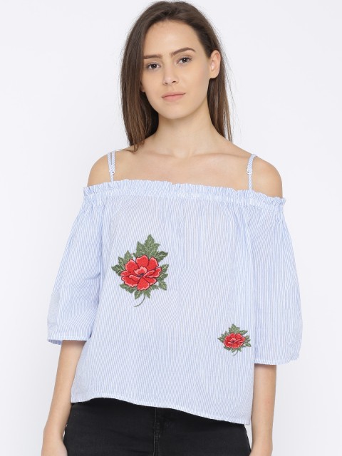 

FOREVER 21 Women Blue & Off-White Striped Cold-Shoulder Pure Cotton Top