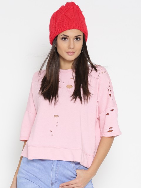

FOREVER 21 Women Pink Solid Sweatshirt with Cut-Outs