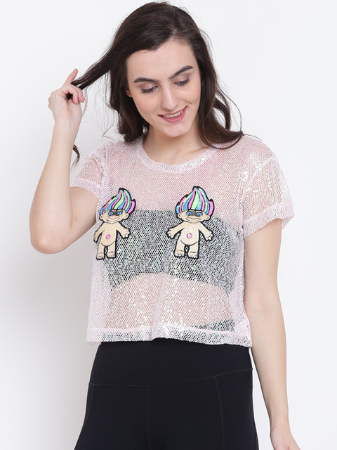 

FOREVER 21 Women Pink Embellished Mesh Crop Top