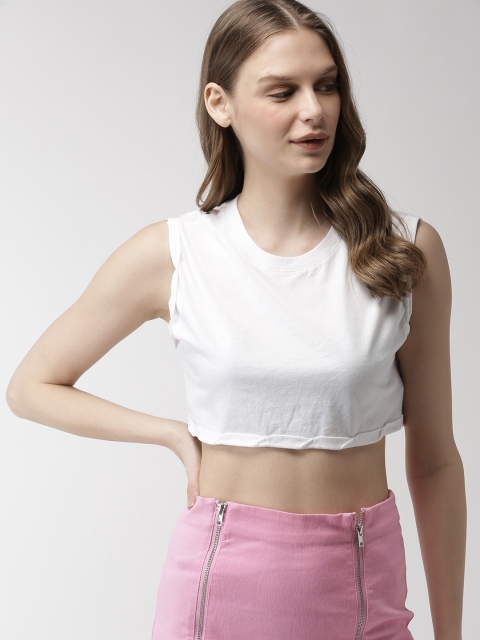 

FOREVER 21 Women White Solid Round Neck Crop T-shirt