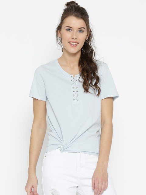 

FOREVER 21 Women Blue Solid Pure Cotton Top