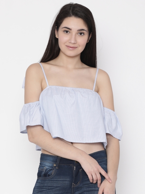 

FOREVER 21 Women Blue & White Striped Cold-Shoulder Top