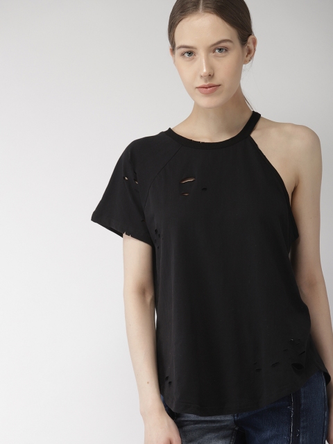 

FOREVER 21 Women Black Solid Distressed Top