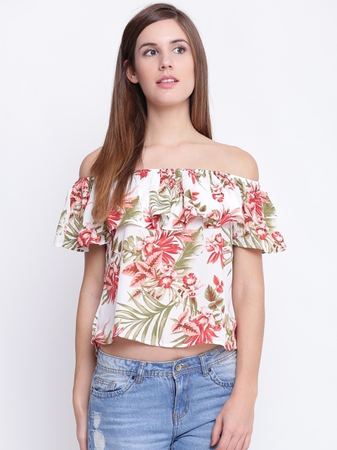 

FOREVER 21 Women Off-White & Rust Red Printed Bardot Top