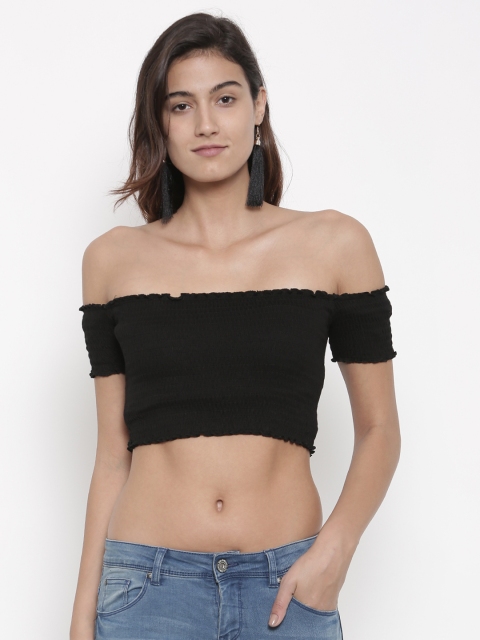 

FOREVER 21 Women Black Solid Bardot Top