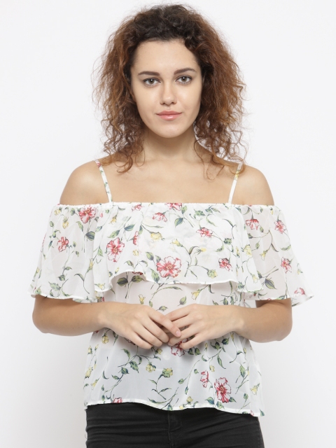 

FOREVER 21 Women Off-White Floral Print Sheer Bardot Top