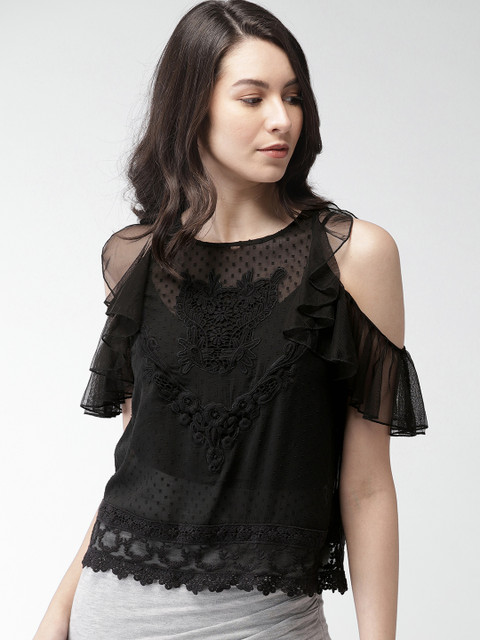 

FOREVER 21 Women Black Self Design Top