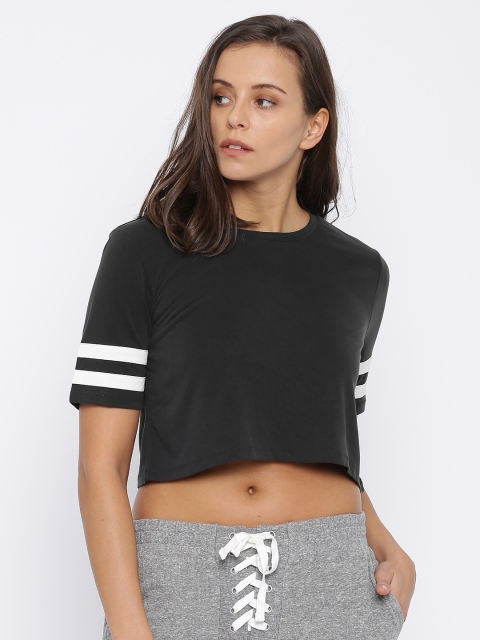 

FOREVER 21 Women Charcoal Grey Solid Round Neck Crop T-shirt