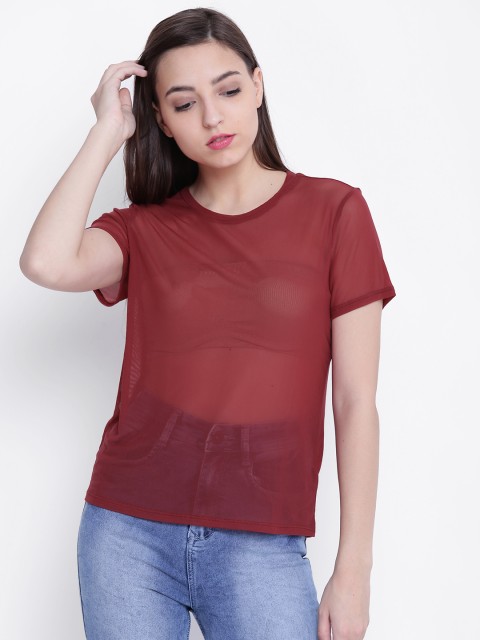 

FOREVER 21 Women Maroon Solid Sheer Top