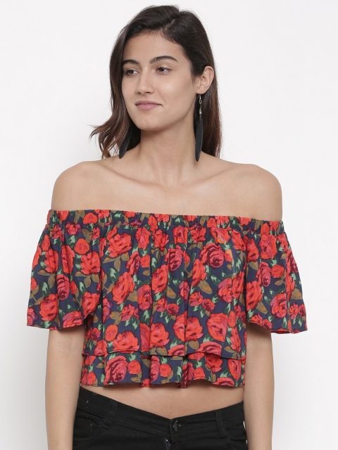 

FOREVER 21 Women Red Printed Bardot Top