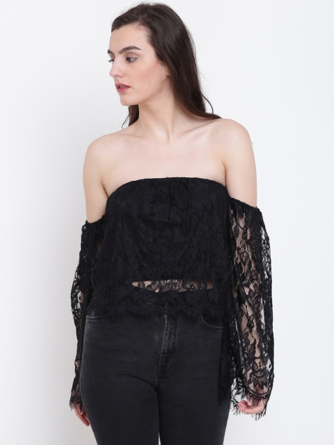

FOREVER 21 Women Black Lace Bardot Top