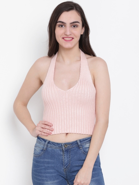 

FOREVER 21 Women Pink Self-Striped Fitted Crop Top