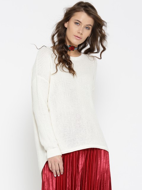 

FOREVER 21 Women Off-White Self-Design Sweater with Cut-Out
