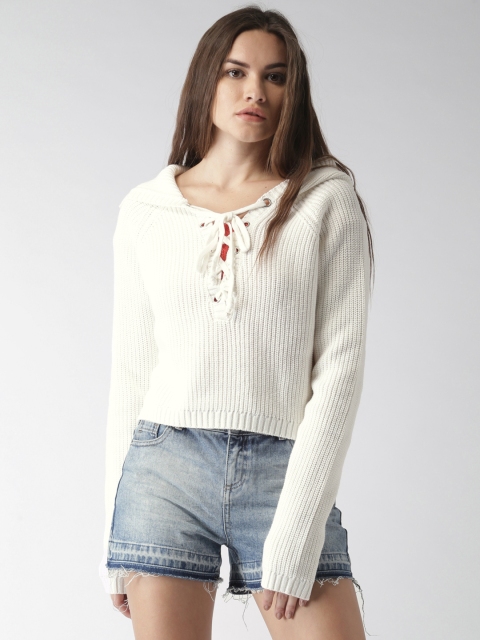 

FOREVER 21 Women Off-White Hooded Crop Sweater