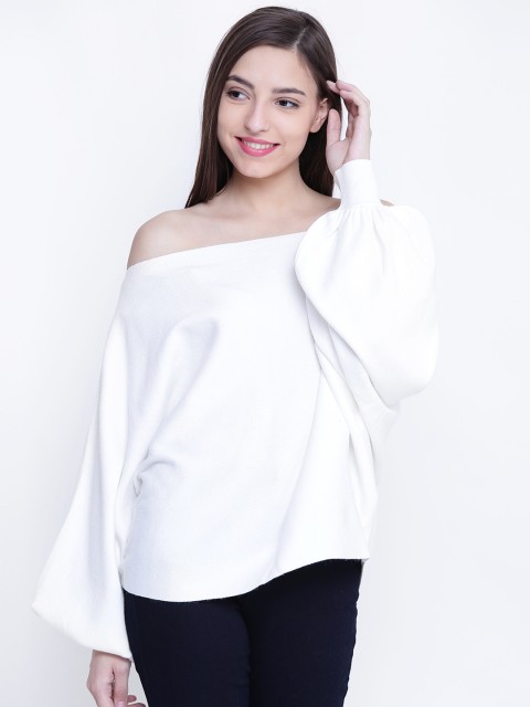 

FOREVER 21 Women Off-White Solid Off-Shoulder Sweater