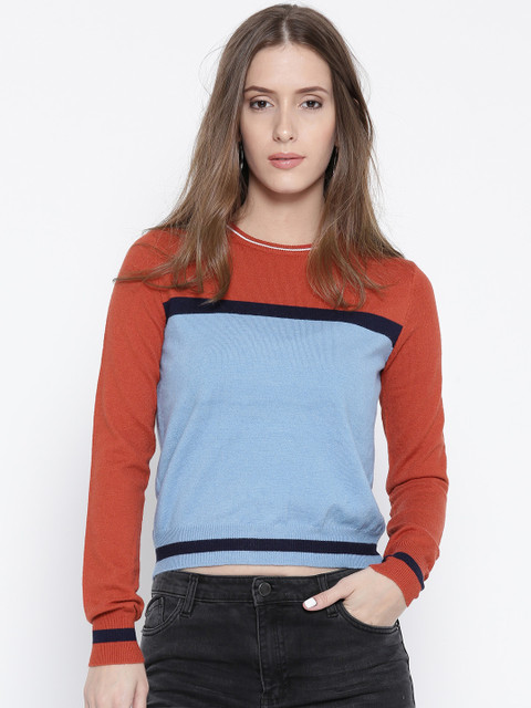 

FOREVER 21 Women Rust Orange & Blue Colourblocked Pullover